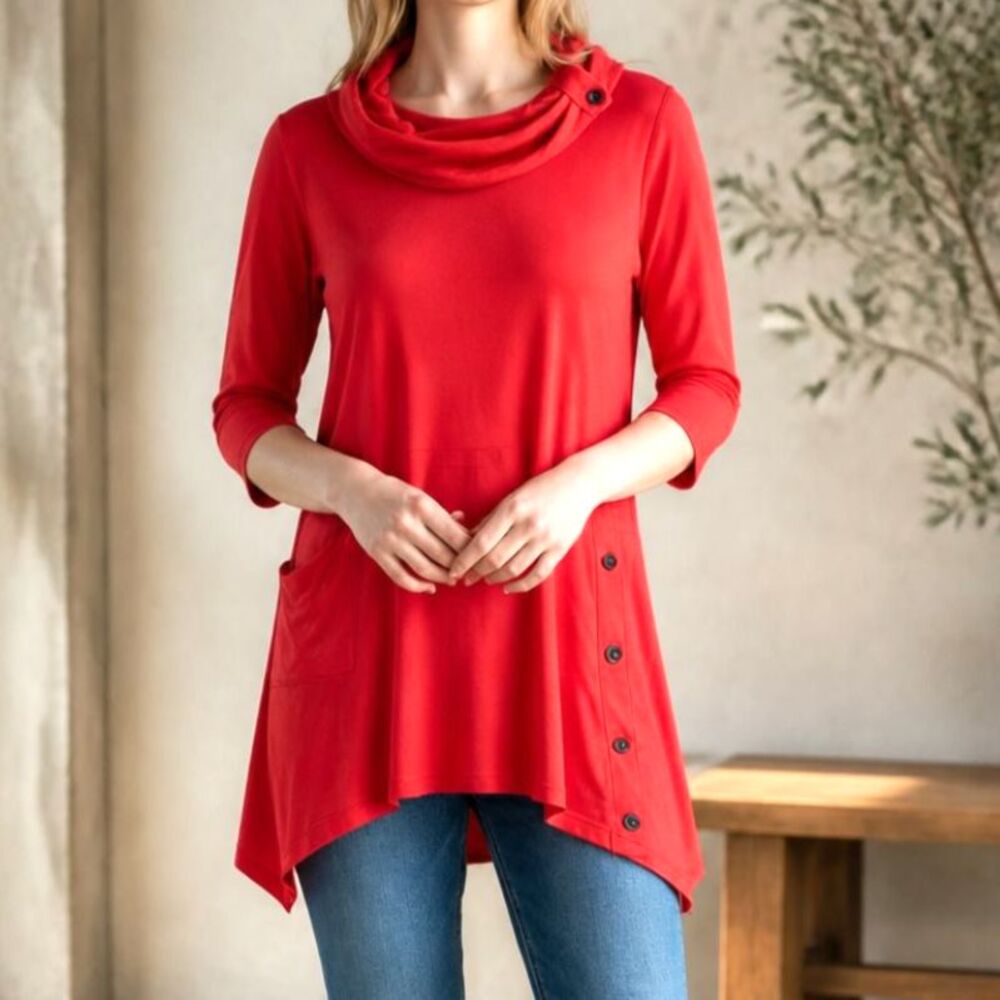 Chalet et Ceci Rust Orange Cowl Neck Tunic Bamboo Asymmetric Hem Artsy Size M